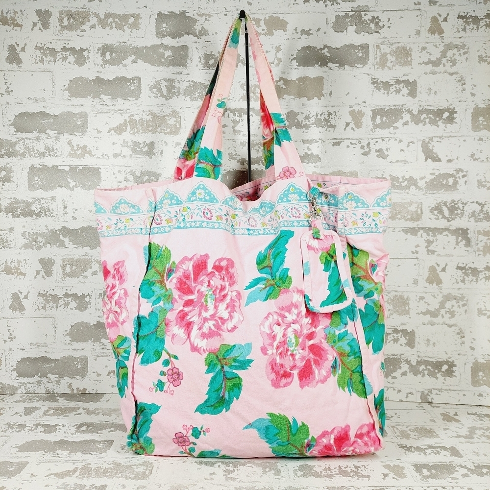Graham Kandiah New York Beach Purse Pink/Blue Floral 100%Cotton Tote Bag 1153